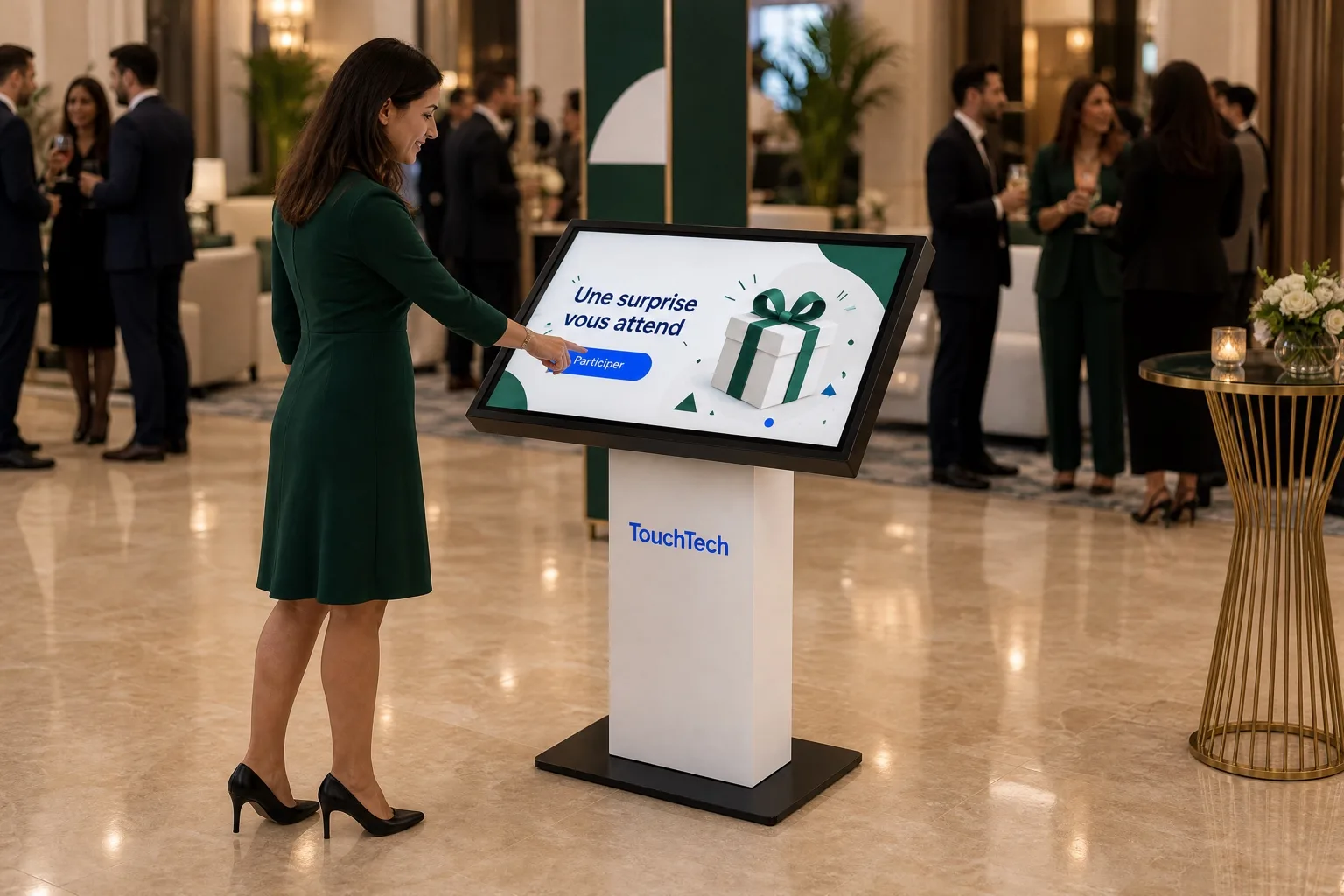 Lors d’une réception, une invitée participe à l’instant gagnant sur une borne KIOSK.