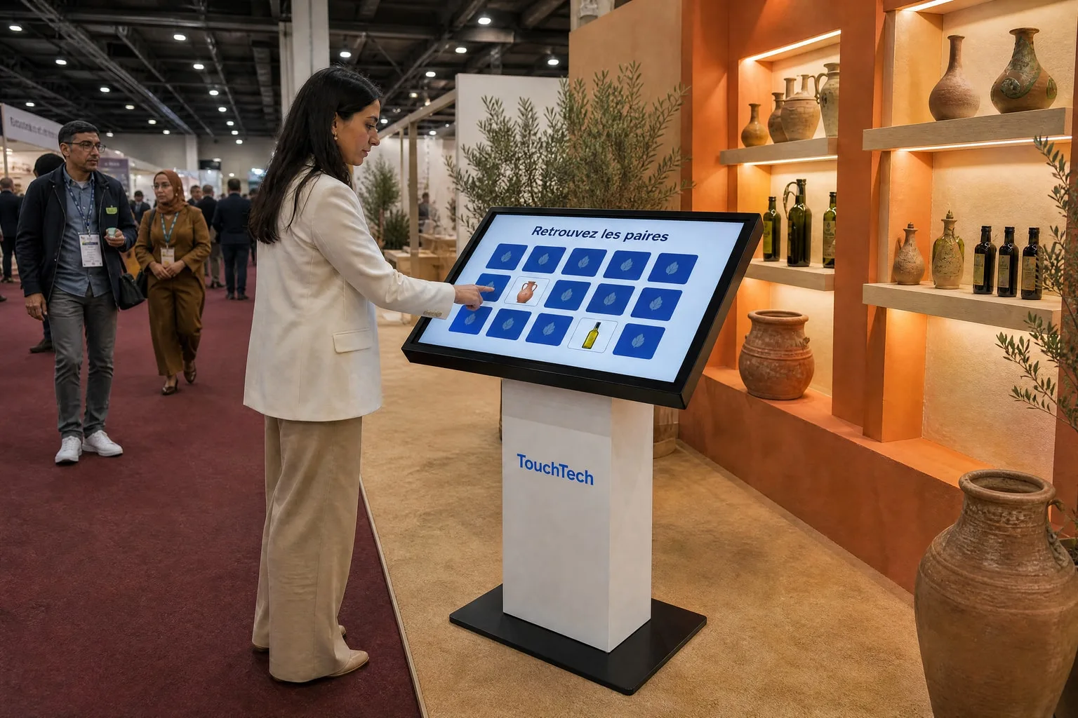 Sur le stand d’une marque d’artisanat, une visiteuse retourne les cartes d’un Memory sur une borne KIOSK.