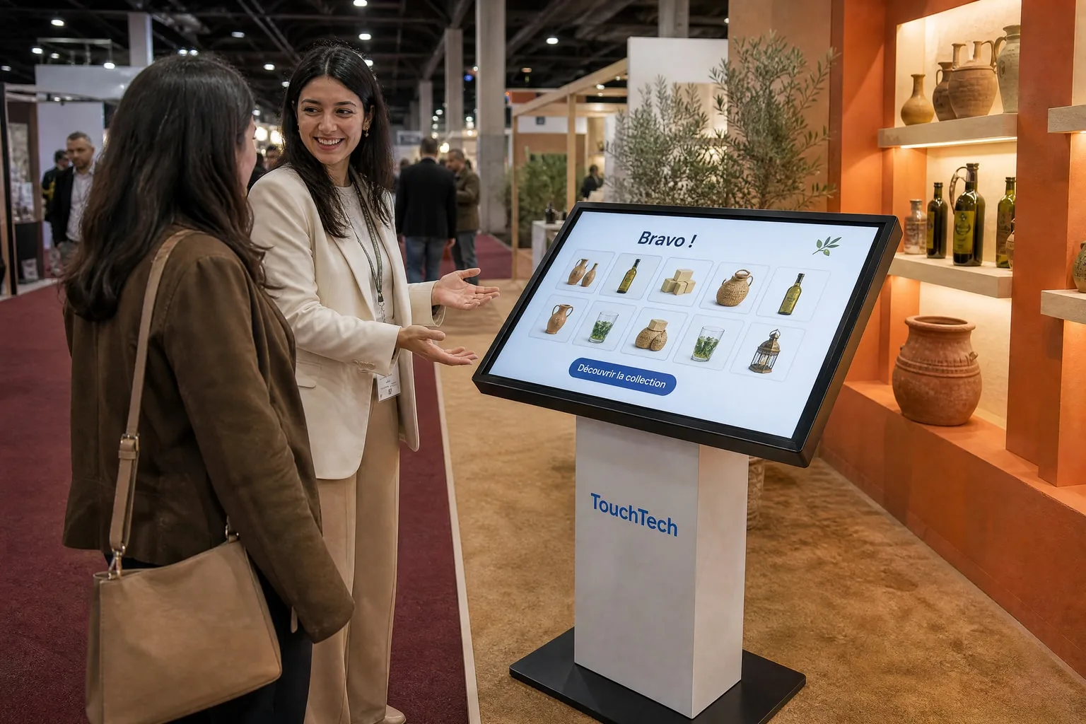 Deux visiteuses sourient devant l’écran final qui présente les produits de la marque.