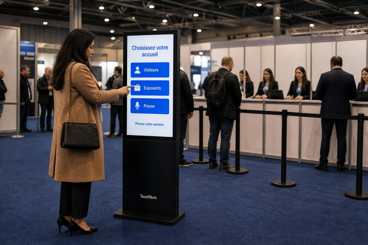 À l’accueil d’un congrès, une participante choisit son comptoir sur un totem tactile.