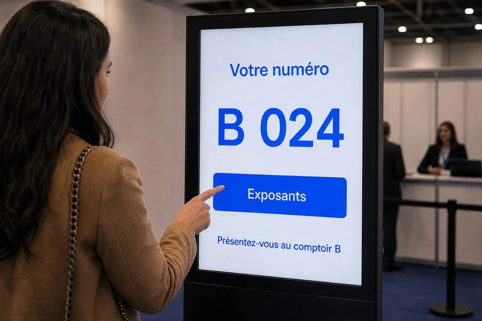 Gros plan : le totem attribue un numéro de passage et indique le comptoir.