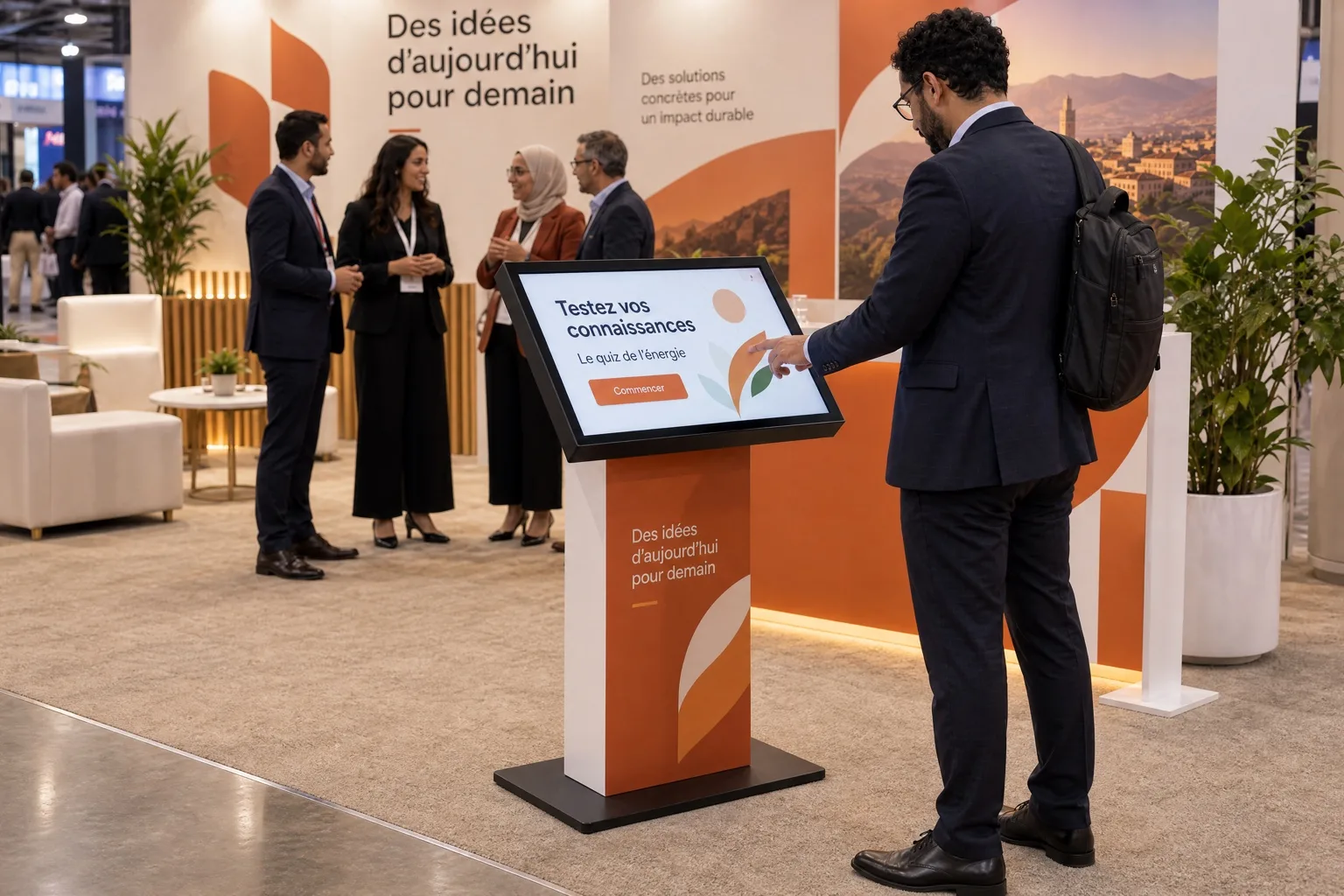 Un visiteur lance un quiz sur l’énergie sur une borne KIOSK aux couleurs du stand.