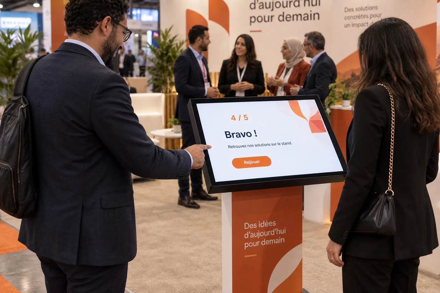 Le score de 4 sur 5 et un message de félicitations s’affichent devant deux visiteurs.