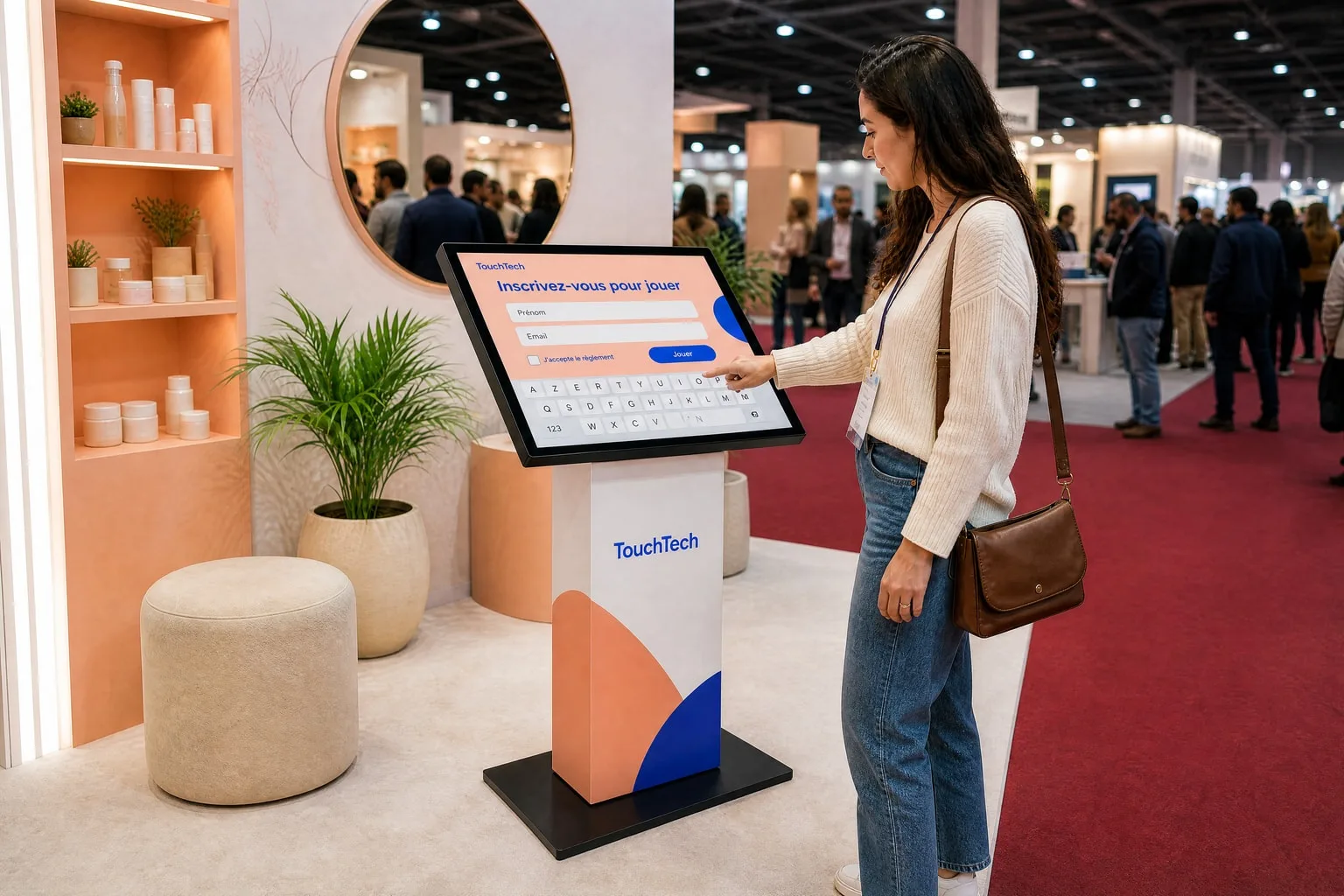 Sur le stand d’une marque de cosmétiques, une visiteuse s’inscrit au jeu de grattage sur une borne KIOSK.