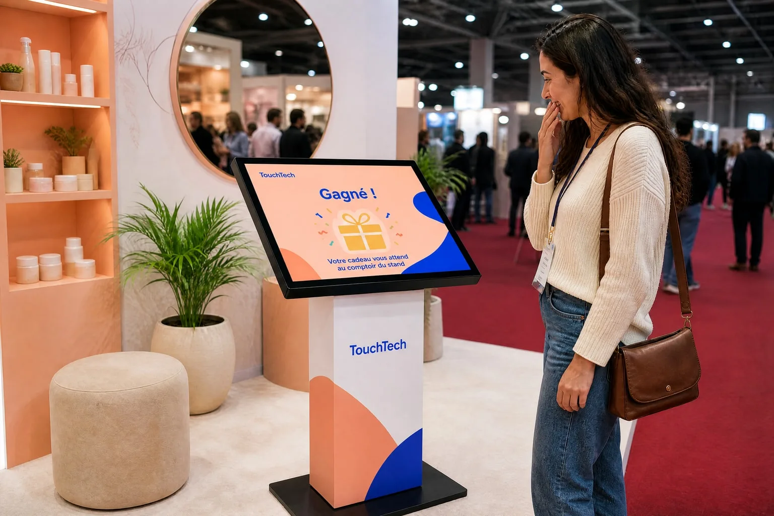 L’écran annonce le gain et invite la visiteuse à retirer son cadeau au comptoir du stand.
