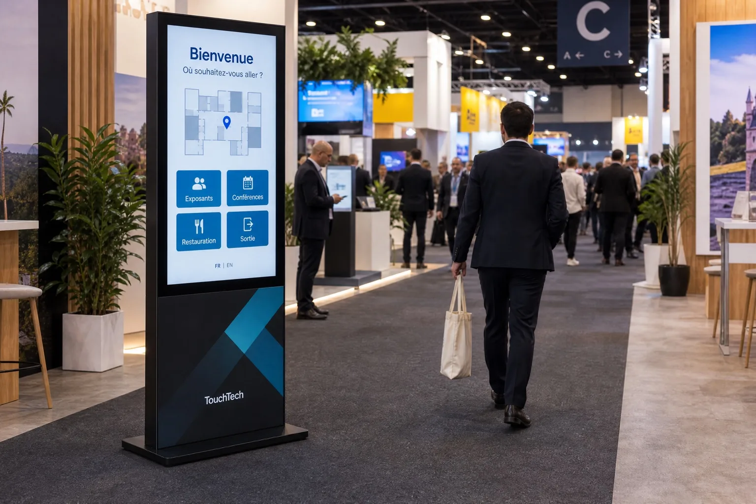 Le visiteur se dirige vers le hall C, le totem au premier plan.