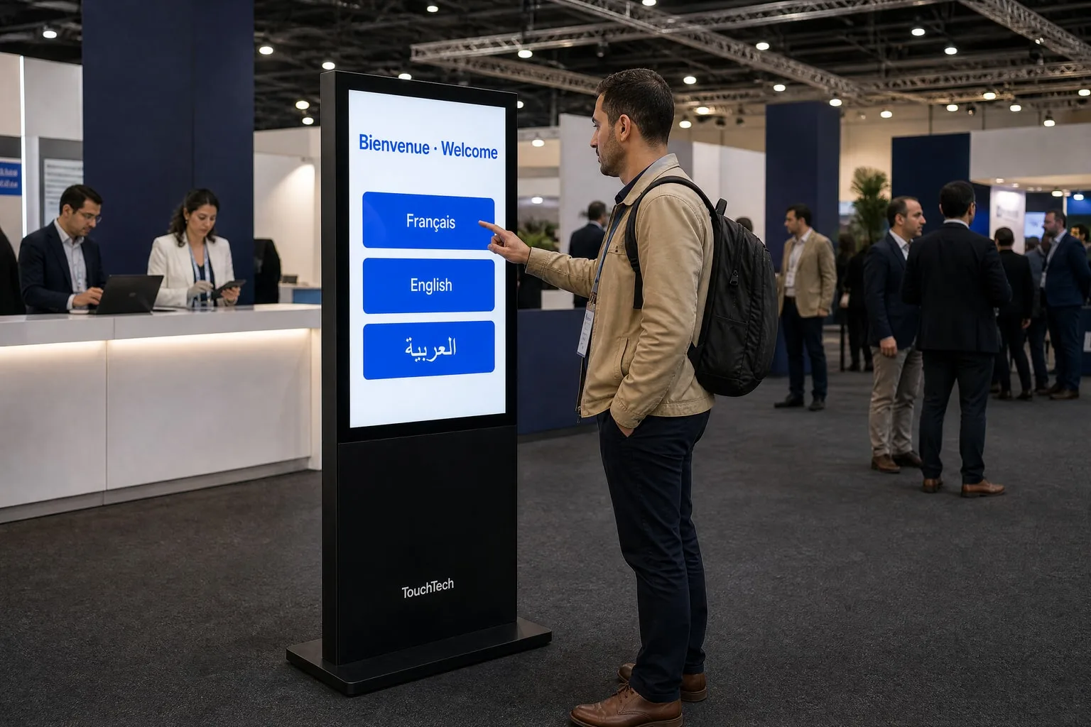 À l’arrivée d’un congrès, un participant choisit sa langue sur un totem tactile : français, anglais ou arabe.