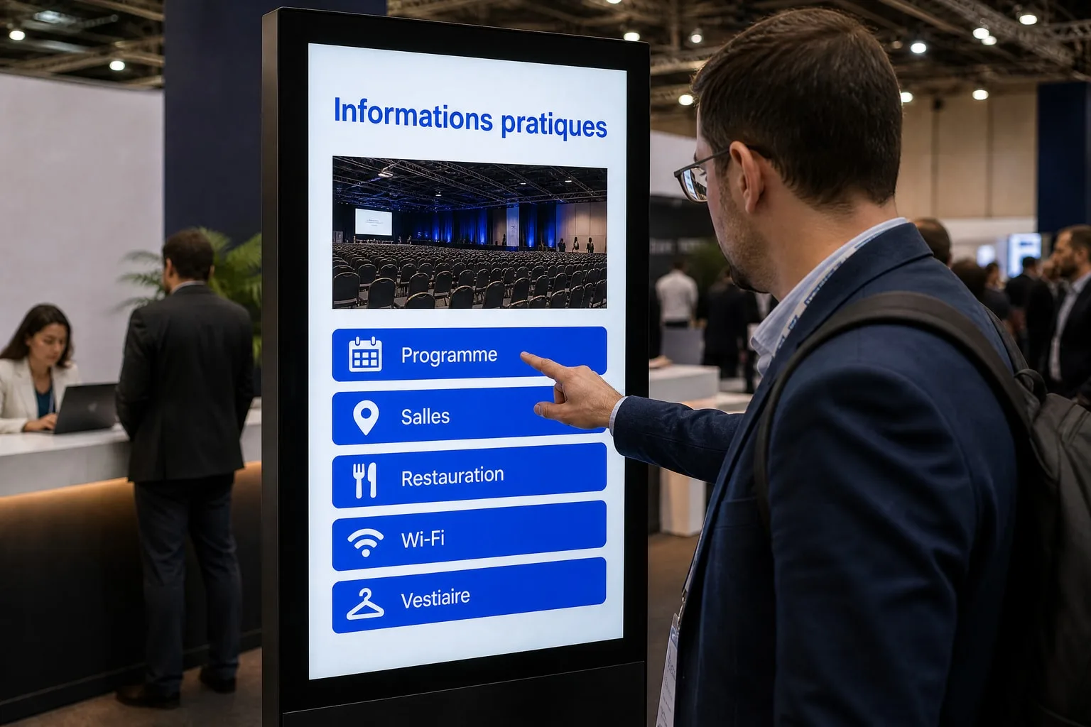 Gros plan : le participant consulte le programme, les salles et les informations pratiques du congrès.