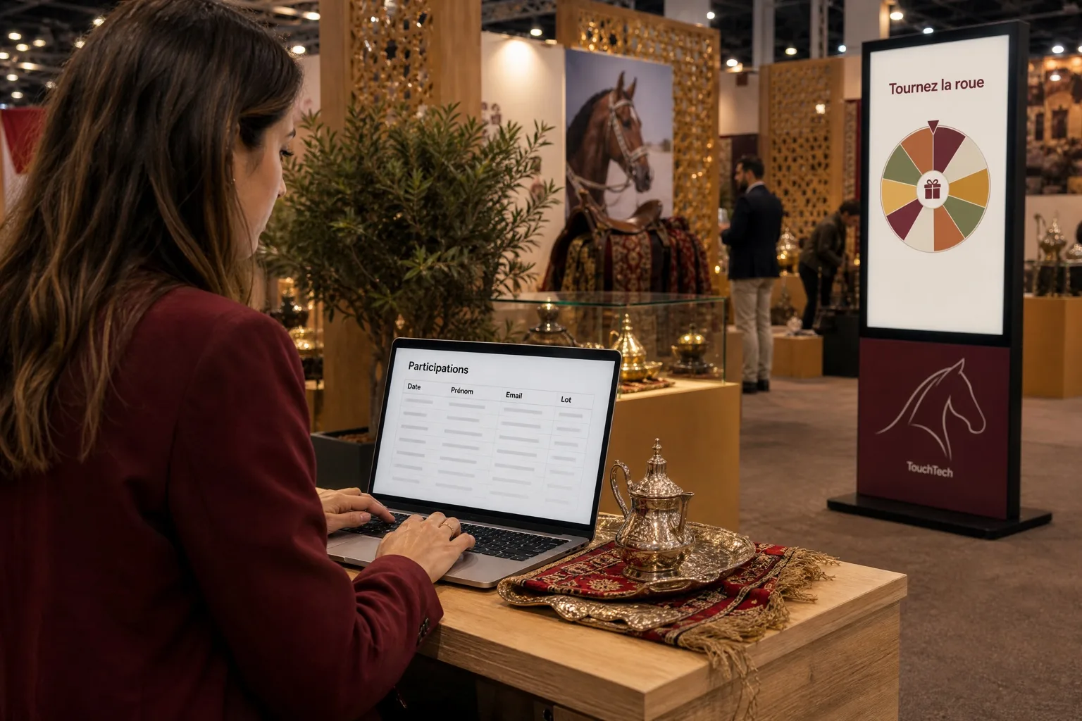 Une exposante consulte les participations sur son ordinateur, le totem en arrière-plan.