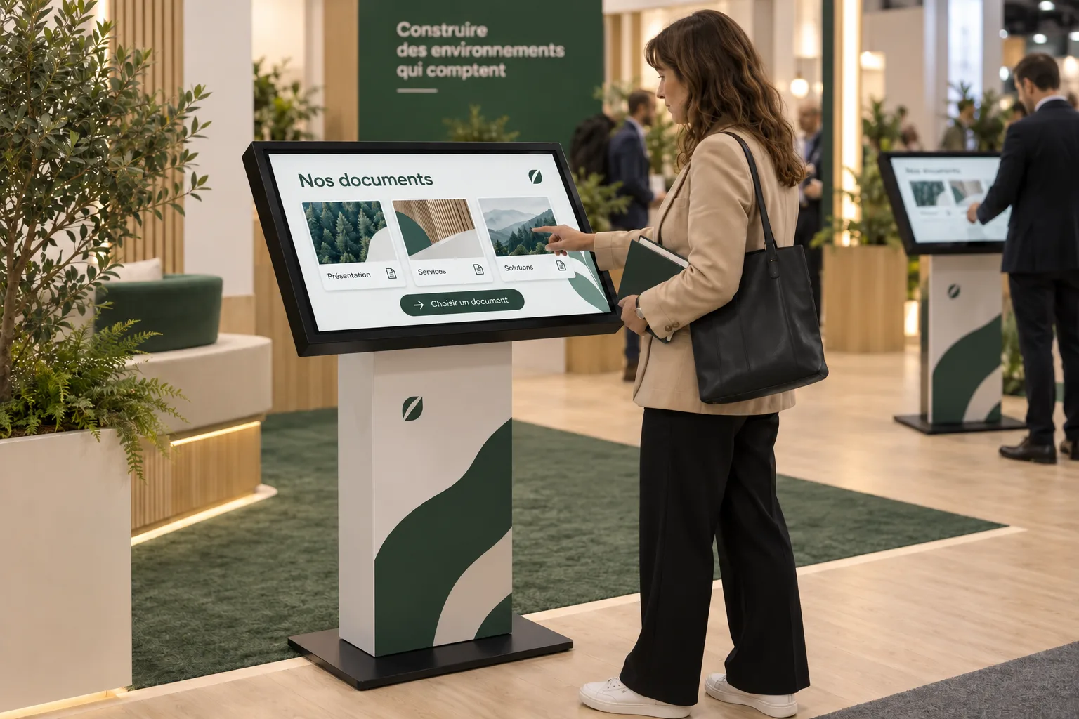 Une visiteuse choisit une brochure sur une borne KIOSK, dans un stand professionnel.