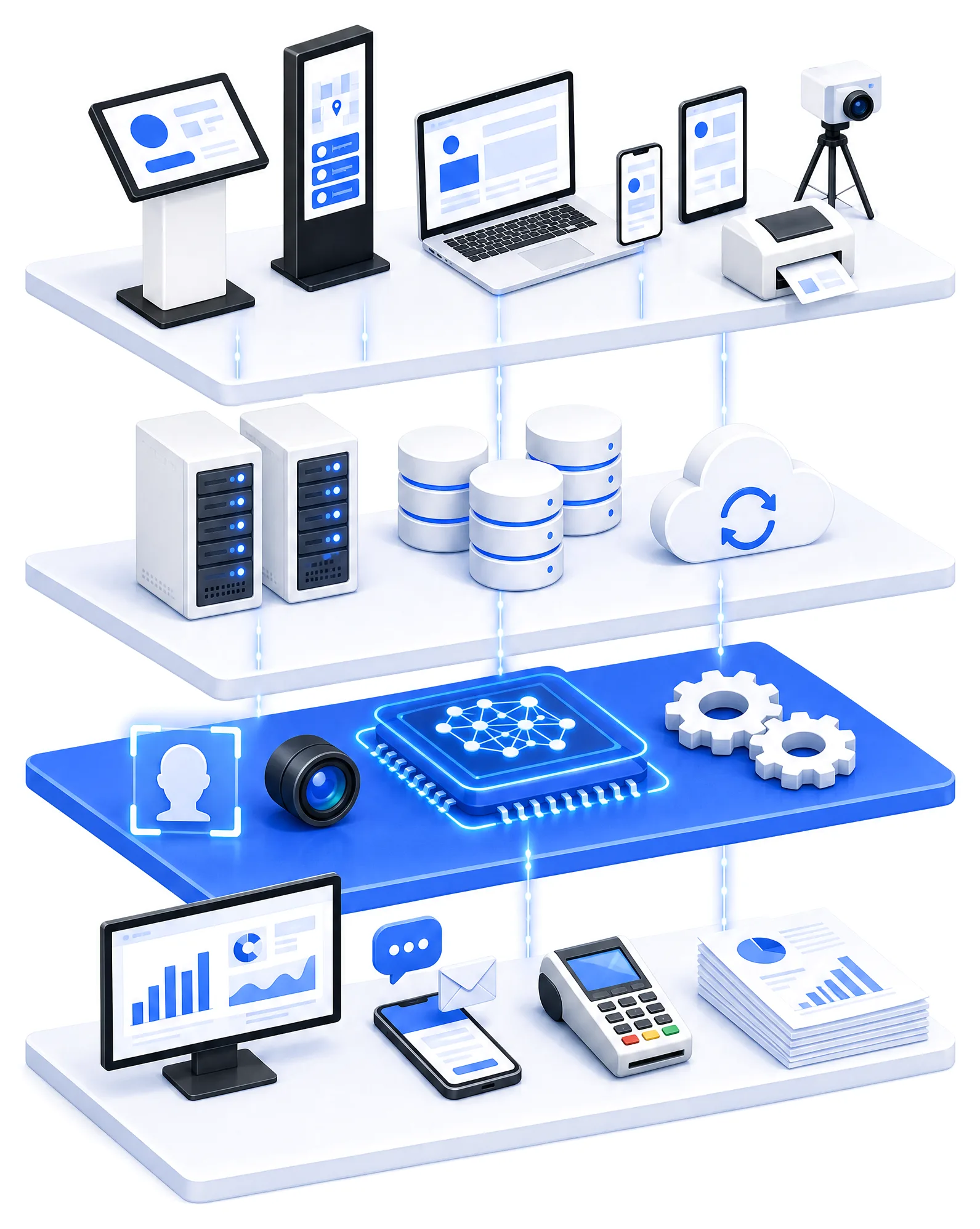Illustration isométrique en quatre niveaux : bornes, totems, web, mobile et matériel connecté ; serveurs et bases de données ; intelligence artificielle et vision ; outils métier, messagerie, paiement et rapports.