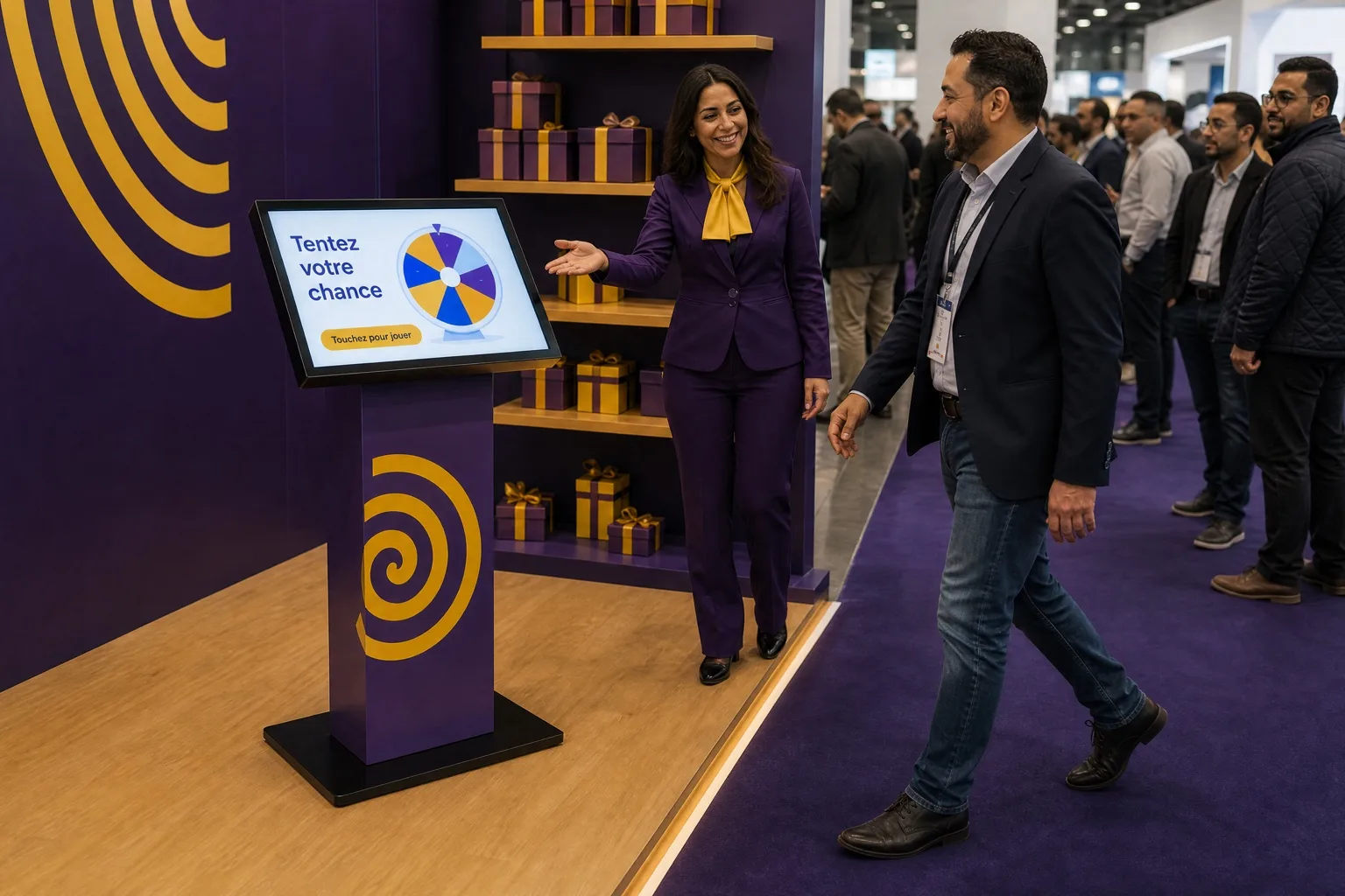 Une hôtesse invite un visiteur à jouer sur la borne du stand.