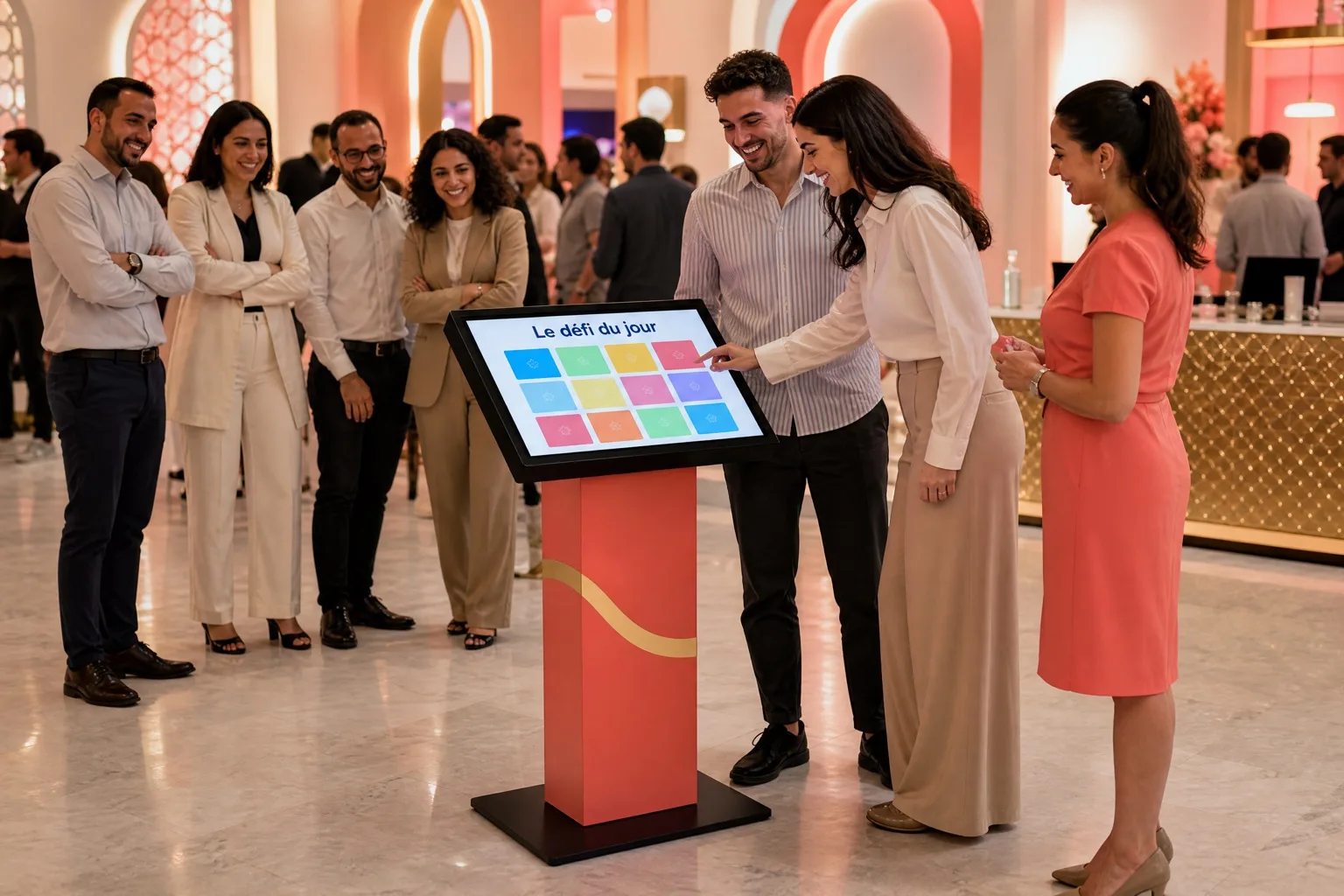 Lors d’un événement, deux visiteurs jouent sur une borne KIOSK sous le regard d’autres invités.