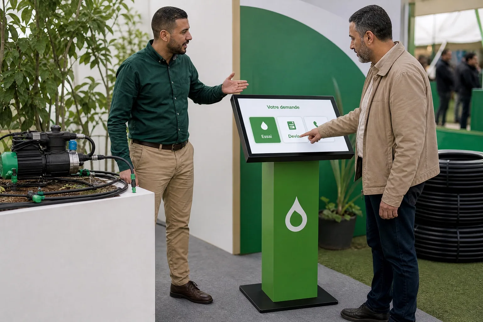 Après une démonstration, un visiteur précise sa demande sur la borne du stand.