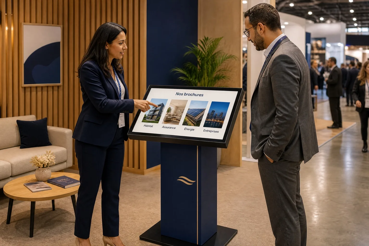 Sur un stand, une conseillère présente des brochures à un visiteur sur une borne KIOSK.