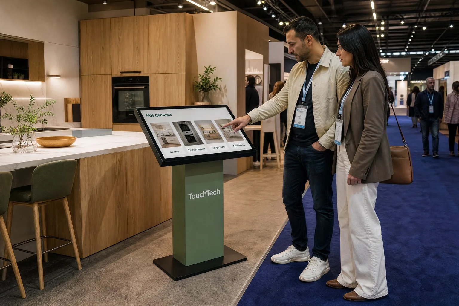 Sur le stand d’un cuisiniste, dans un salon de l’habitat, un couple parcourt les gammes sur une borne KIOSK.