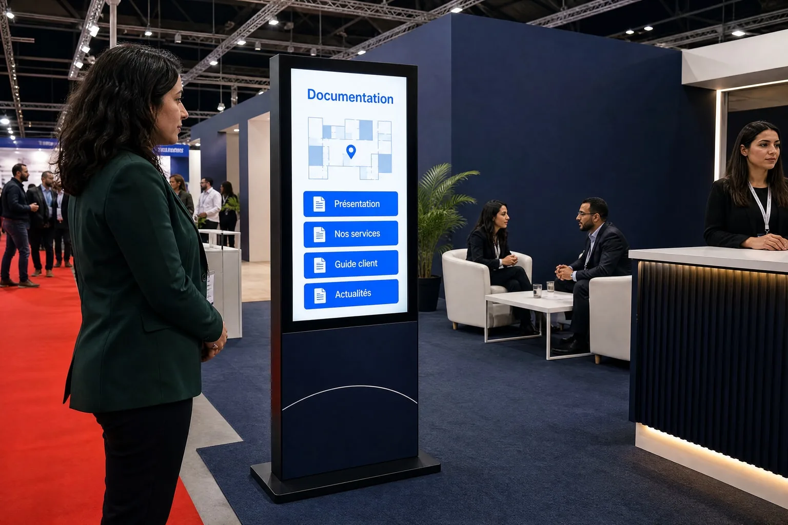 Sur un grand stand de salon professionnel, une visiteuse consulte la documentation sur un totem tactile en attendant son rendez-vous.