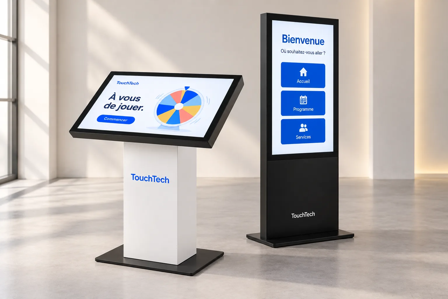 Une borne KIOSK et un totem tactile côte à côte
