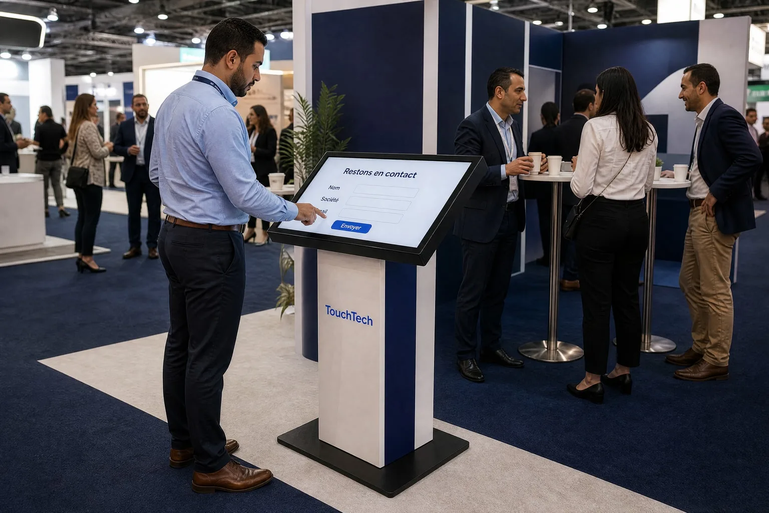 Un participant remplit un formulaire sur une KIOSK, sur le stand d’un partenaire de congrès.