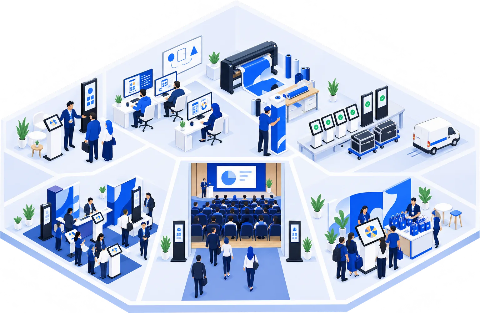 Illustration isométrique du service TouchTech : conseil, développement d’applications, habillage, tests et logistique, puis salons, congrès et activations de marque.