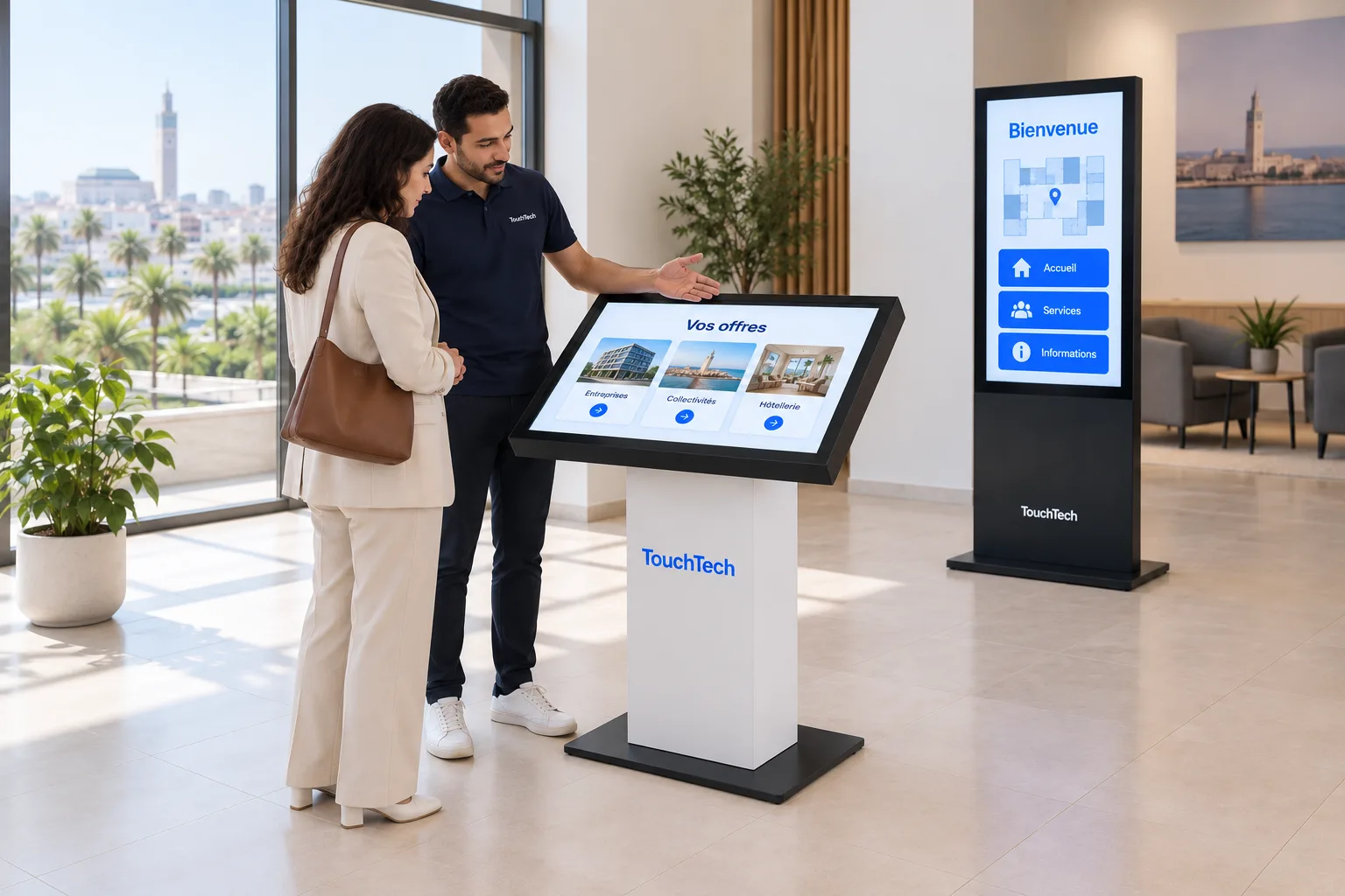 Un conseiller présente une KIOSK à une cliente, avec un totem vertical à proximité.