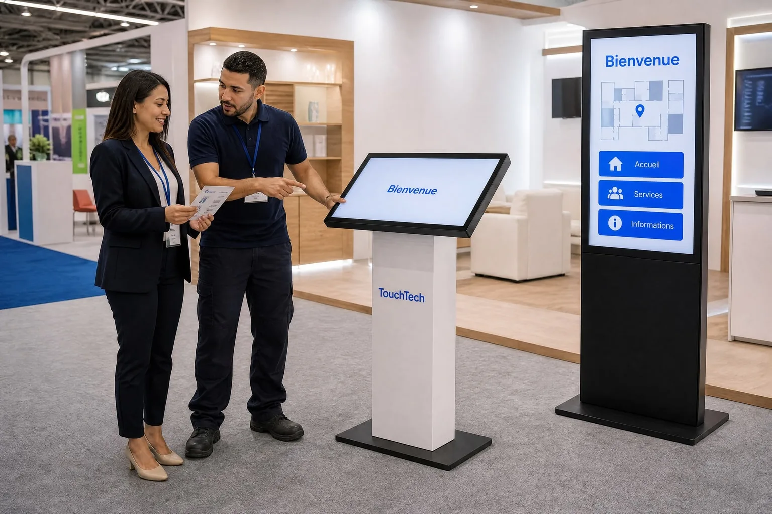 Sur un stand de salon, un technicien TouchTech remet une fiche d’aide à une hôtesse et lui montre l’écran de la borne KIOSK.