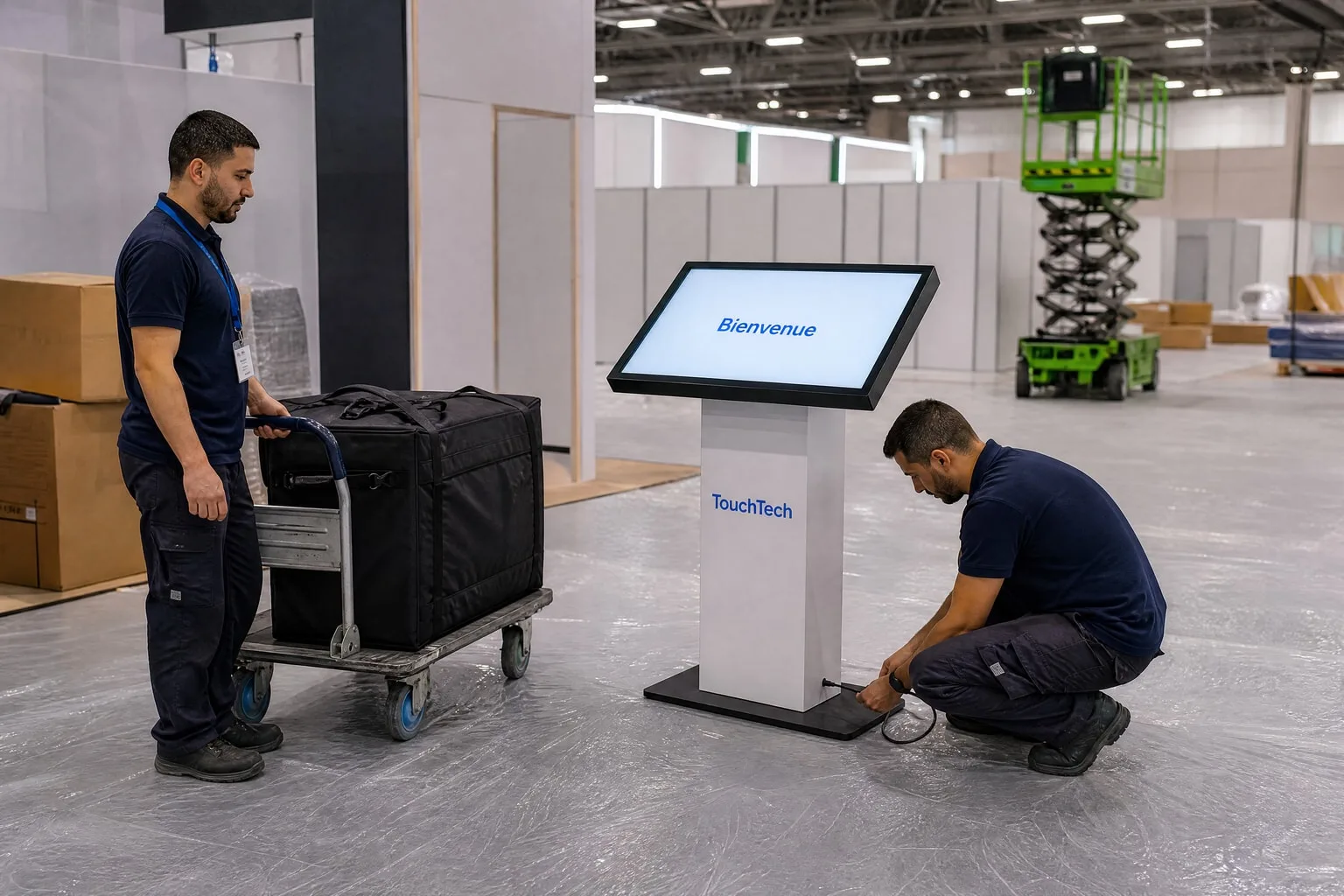 Deux techniciens installent une KIOSK sur un stand, pendant le montage d’un salon : l’un tient le chariot, l’autre branche le câble d’alimentation.