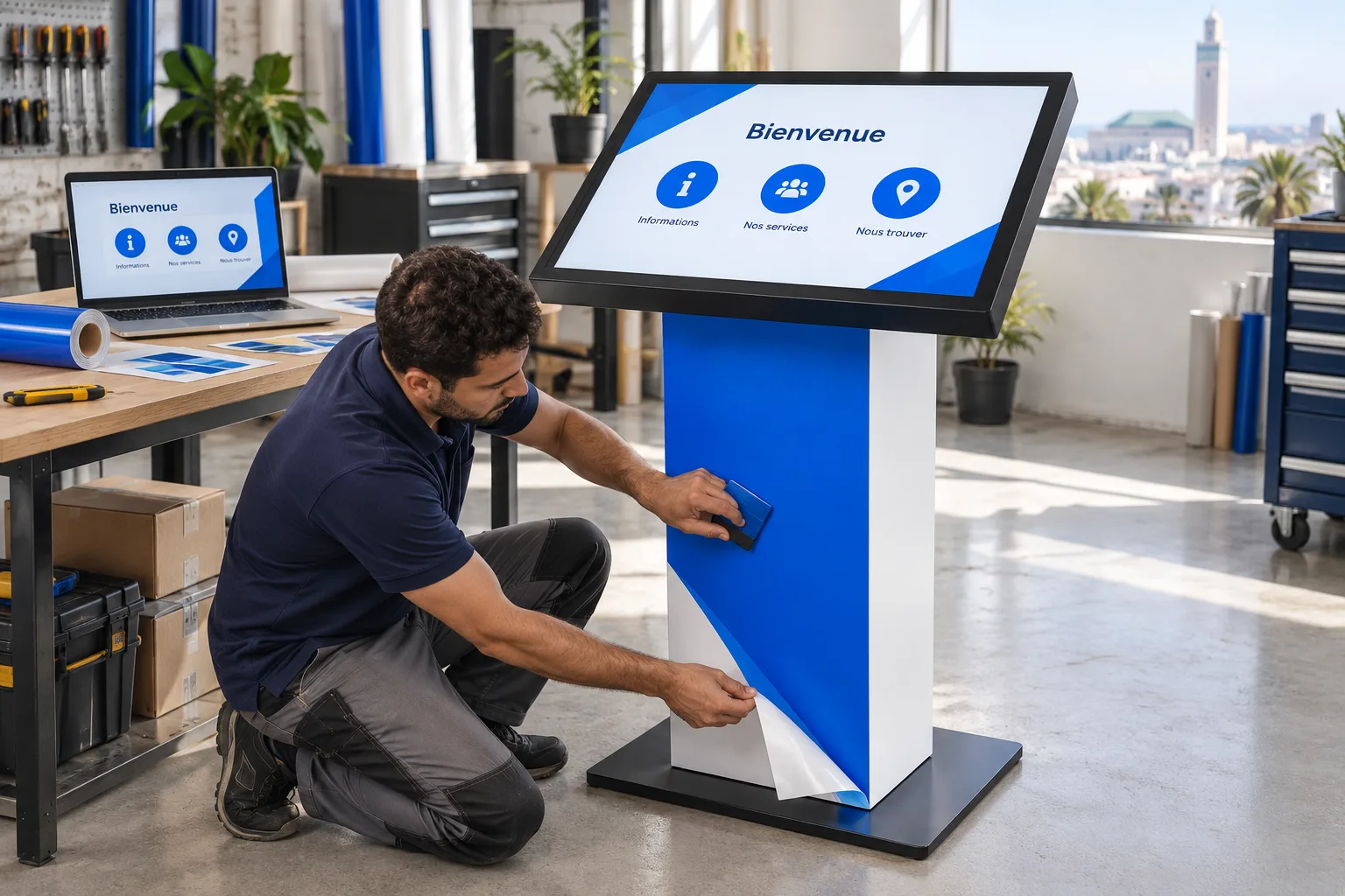 Un technicien pose un habillage bleu sur la colonne de la KIOSK, avec une interface assortie à l’écran.