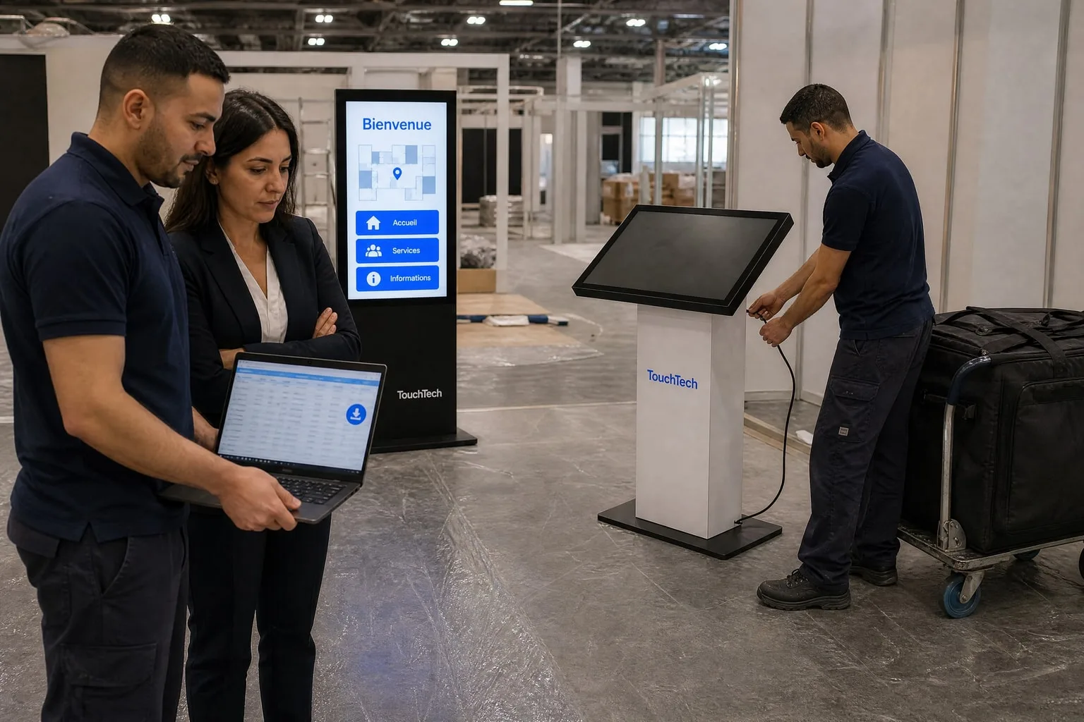 En fin de salon, un technicien débranche une borne KIOSK pendant qu’un autre montre le fichier des données à une responsable de stand sur un ordinateur portable.