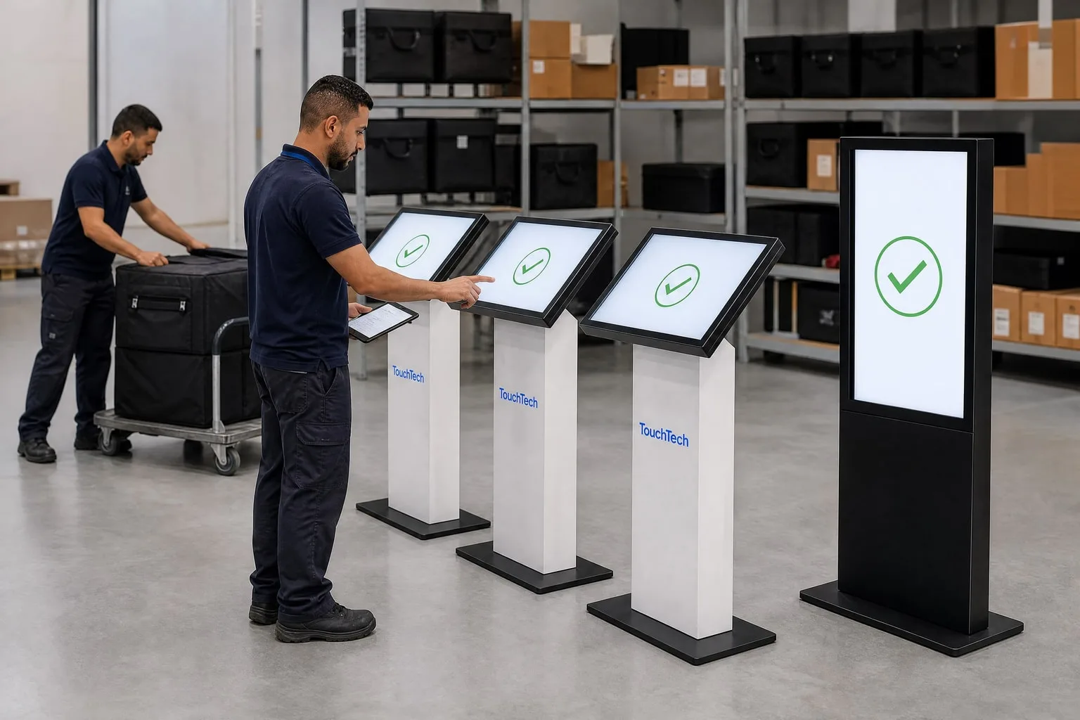 Dans l’atelier TouchTech, un technicien vérifie une rangée de bornes KIOSK et un totem, qui affichent tous une coche verte.