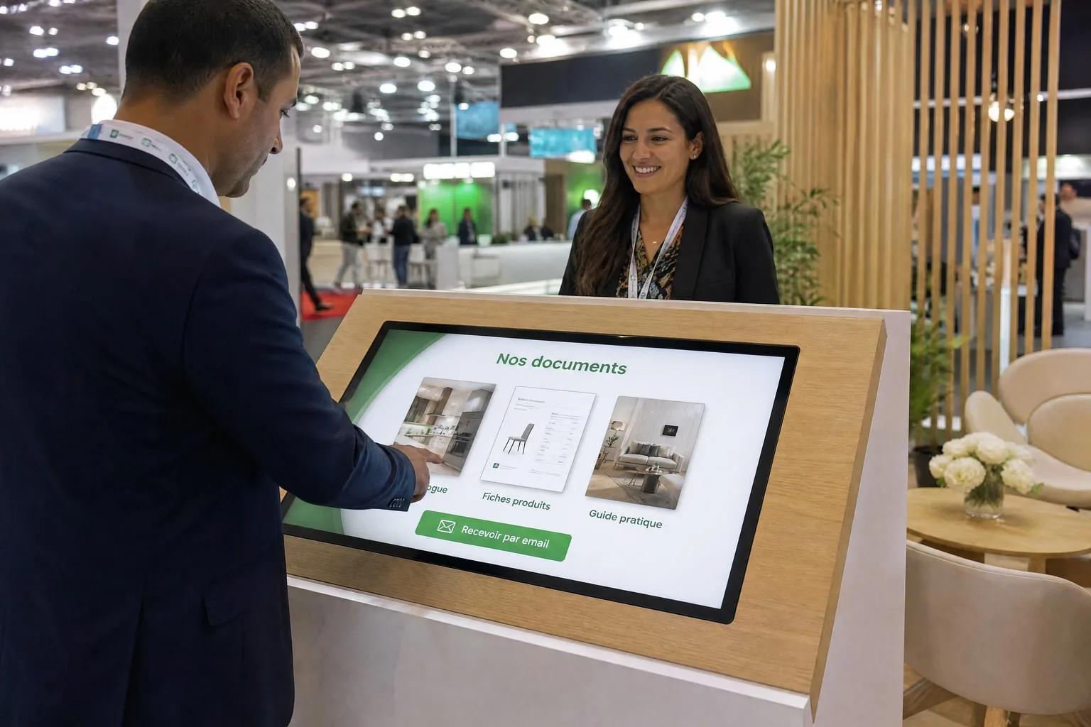 Écran tactile intégré dans le plateau incliné d’un comptoir d’accueil de stand, ouvert sur les documents.