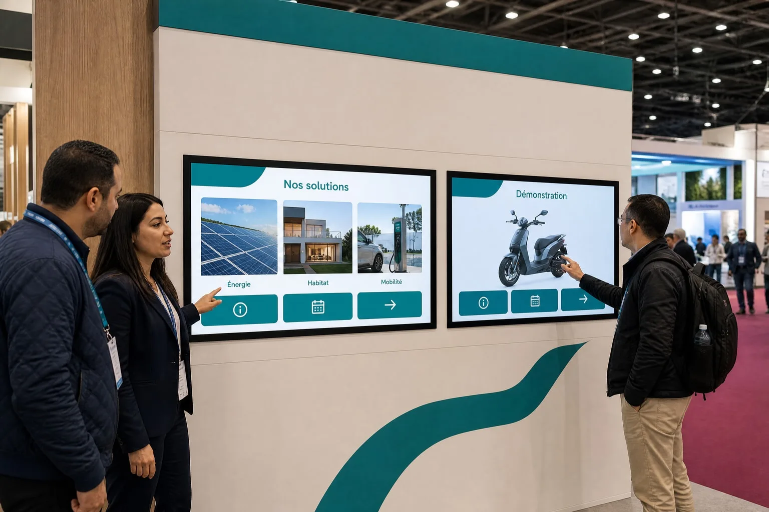 Sur un stand de salon, deux écrans tactiles encastrés dans la cloison présentent des solutions à des visiteurs.