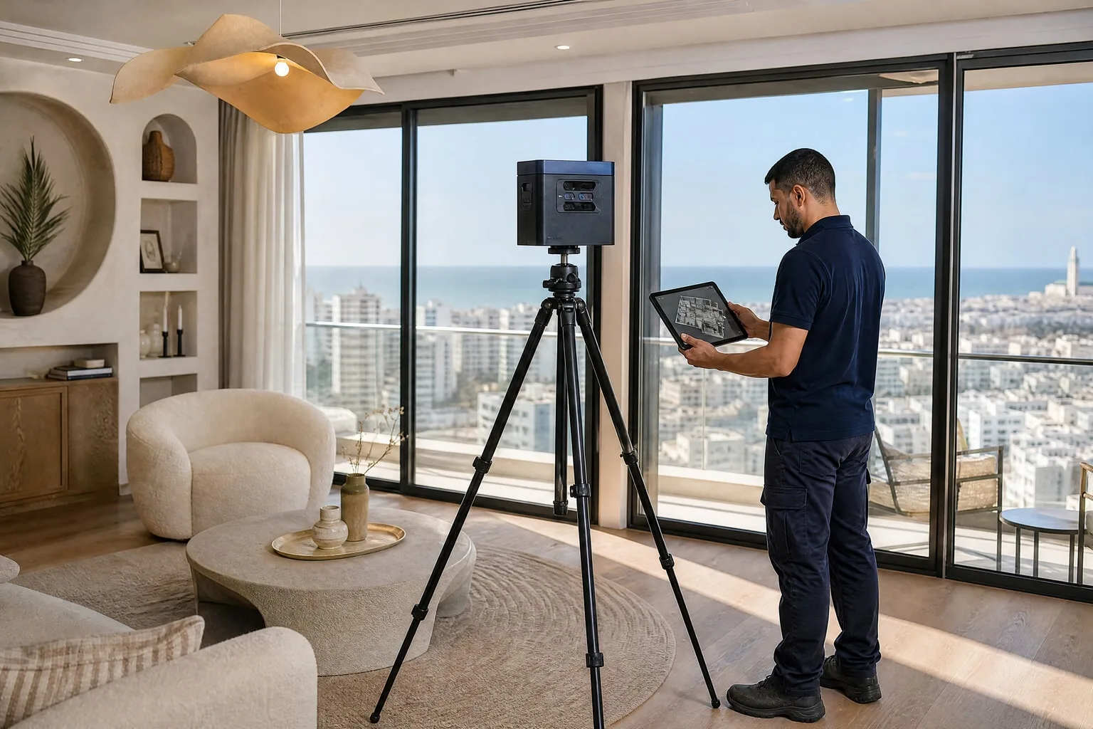Une caméra 360° sur trépied dans le séjour d’un appartement témoin, un technicien vérifie l’aperçu sur une tablette