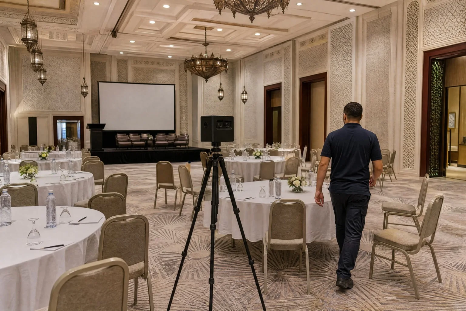 Une caméra 360° sur trépied dans une salle de réception d’hôtel dressée pour un événement
