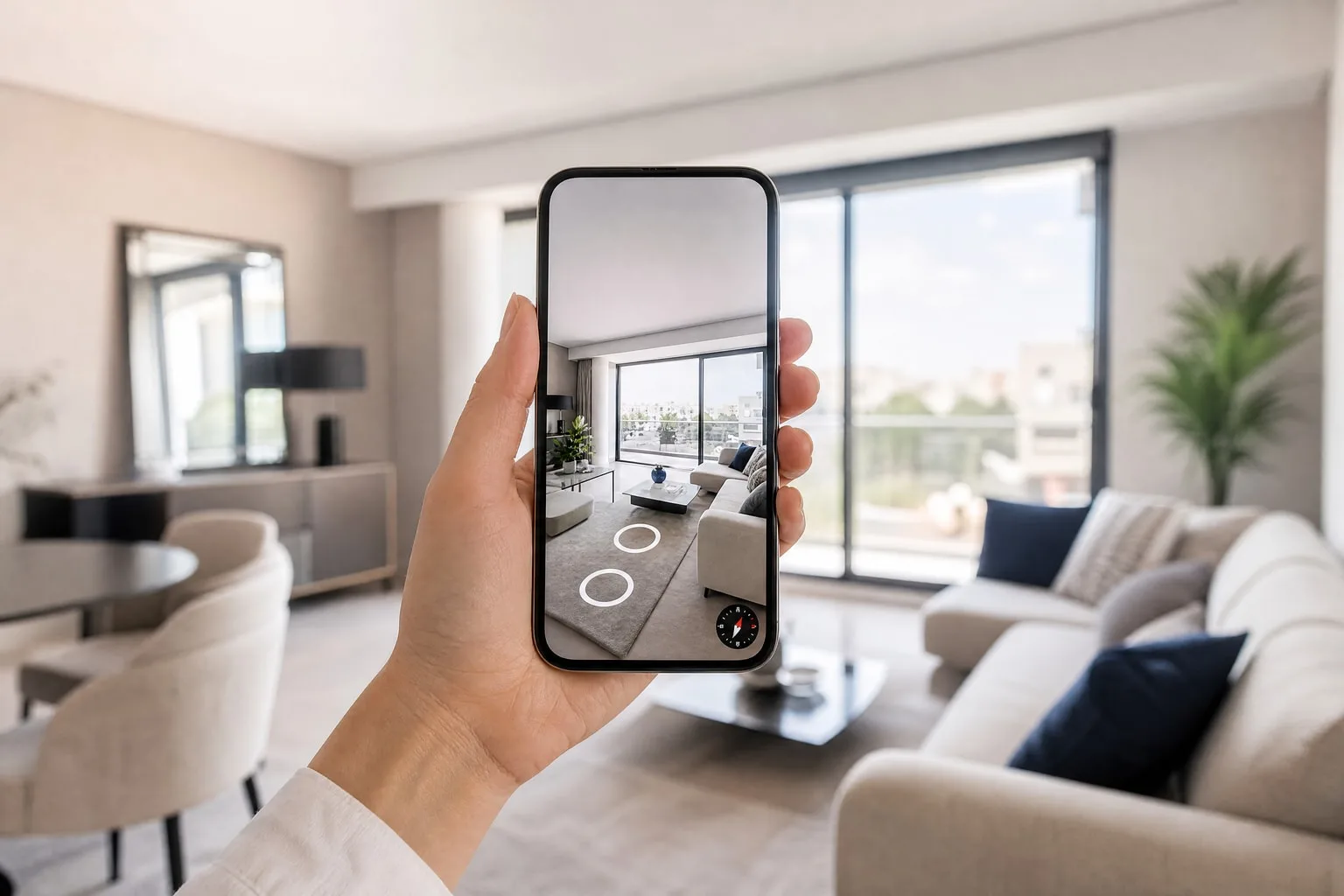 Une visite virtuelle 360° d’appartement affichée sur un téléphone