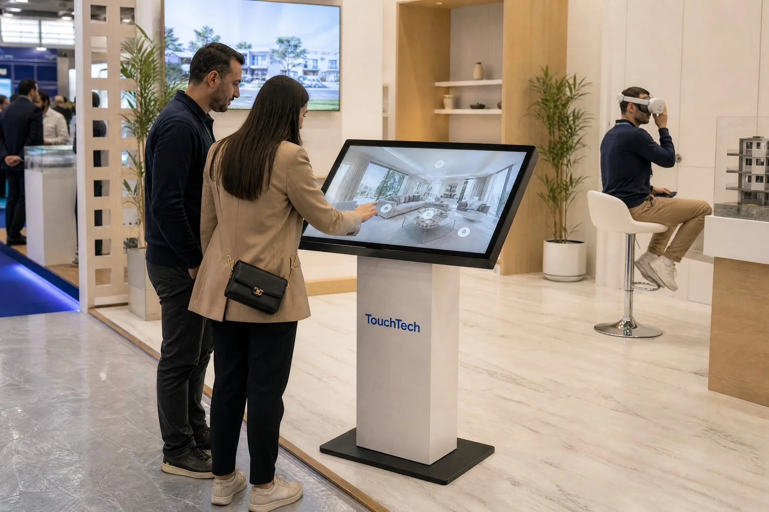Un couple parcourt la visite d’un appartement sur une borne KIOSK dans un salon de l’immobilier, un visiteur en casque VR derrière eux