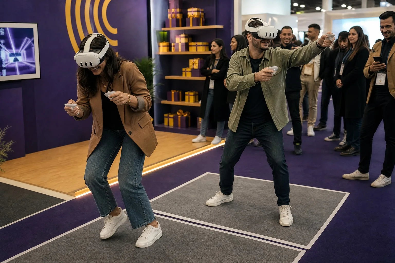 Deux visiteurs jouent en réalité virtuelle côte à côte sur un stand