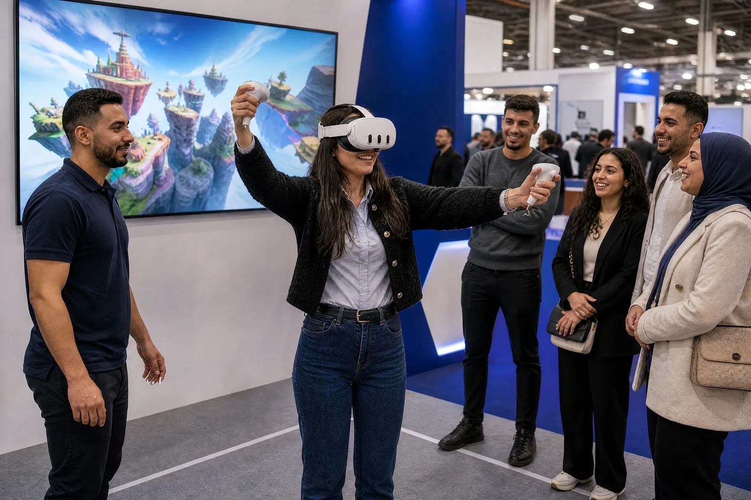 Une visiteuse joue en réalité virtuelle sur un stand de salon, le public suit sa partie sur un écran