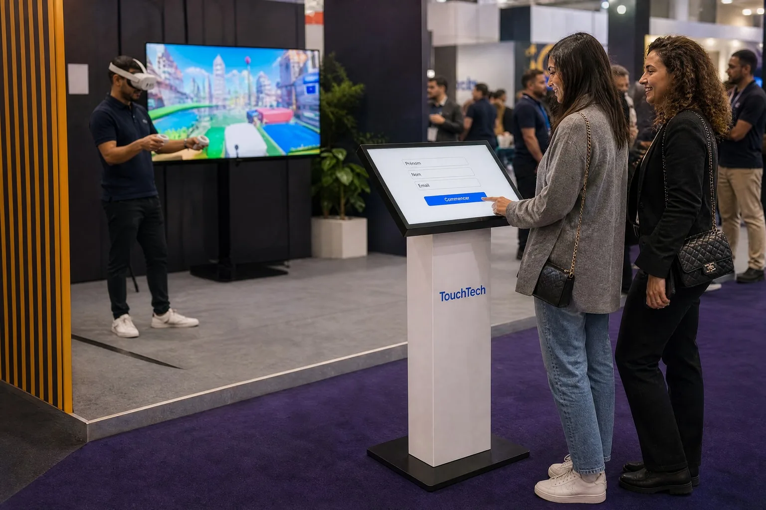 Une visiteuse s’inscrit sur une borne KIOSK à l’entrée d’un espace VR