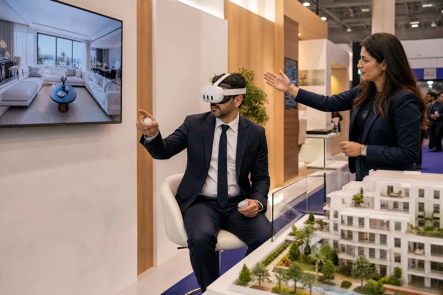 Un visiteur assis visite un appartement en réalité virtuelle sur le stand d’un promoteur